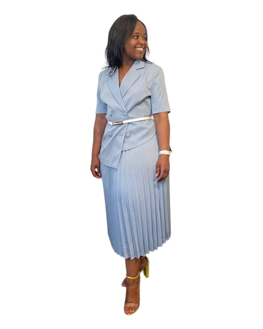 Powder blue short sleeved Sharo Blazer and pleated Skirt